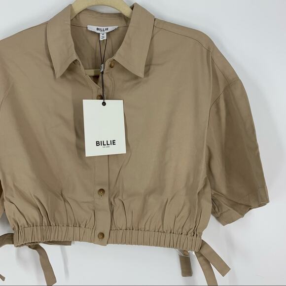Billie the Label Imogene Crop Top Linen Blend Khaki Medium Collar Button Tencel - Picture 6 of 9